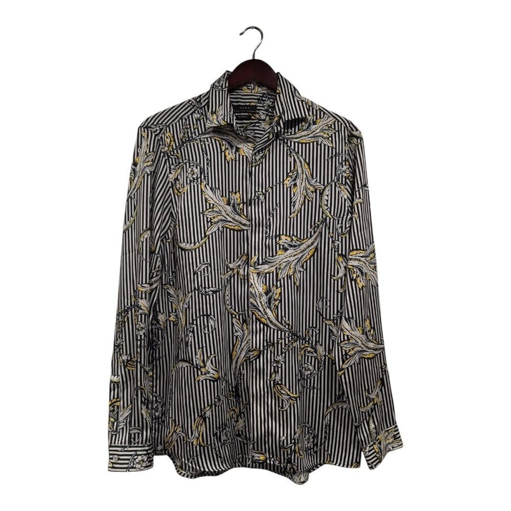 Zara Womens Black White Striped Floral Long Sleeve Button Down Blouse Retro Sz S